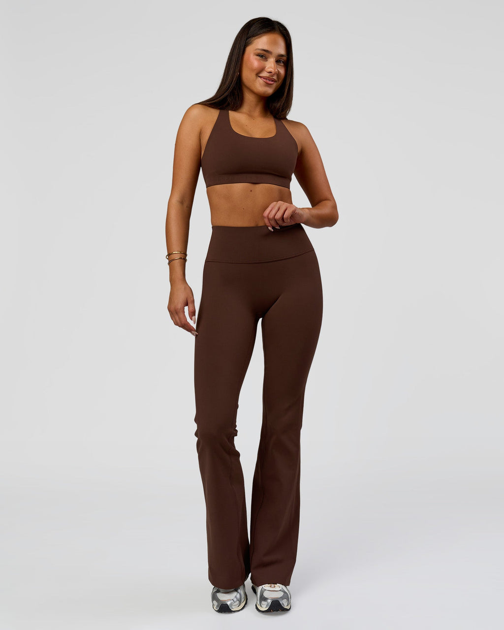 Fusion V-Contour Bind High-Rise Flared Legging - Hot Chocolate-white