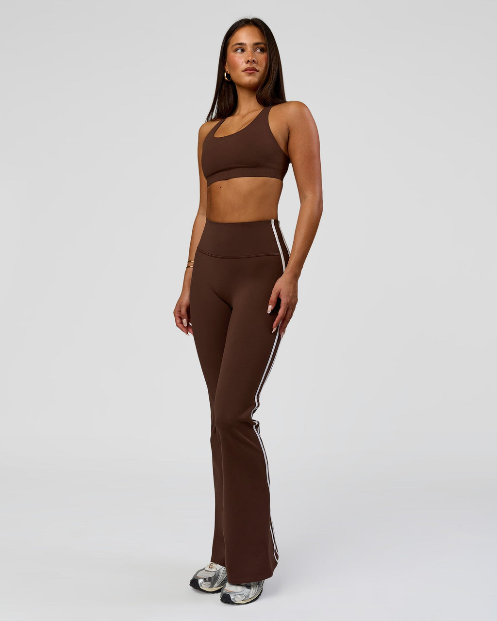 Fusion V-Contour Bind High-Rise Flared Legging - Hot Chocolate-white