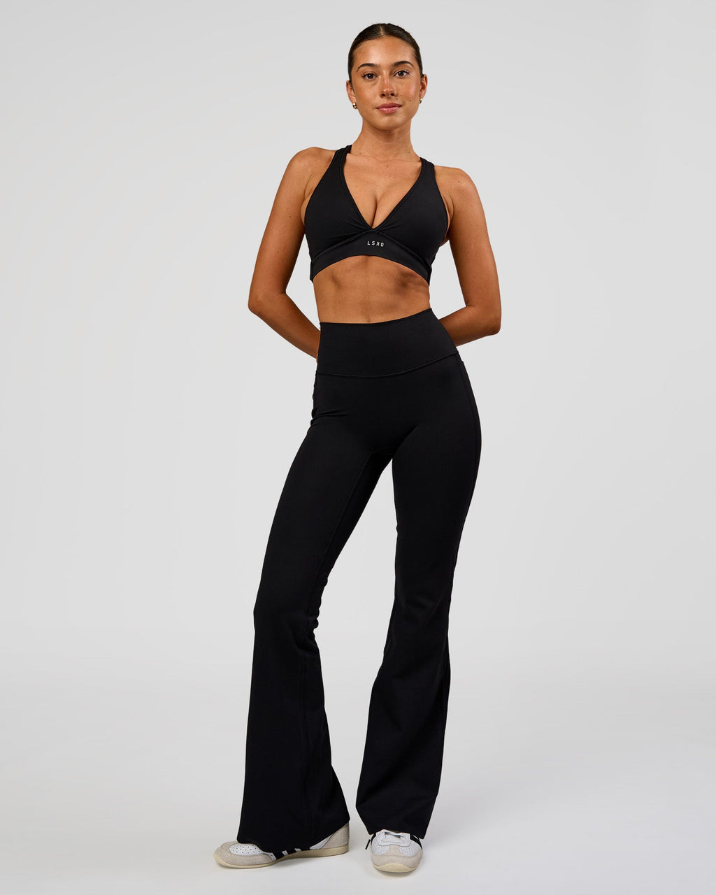 Fusion V-Contour High-Rise Flared Legging Pockets - Black