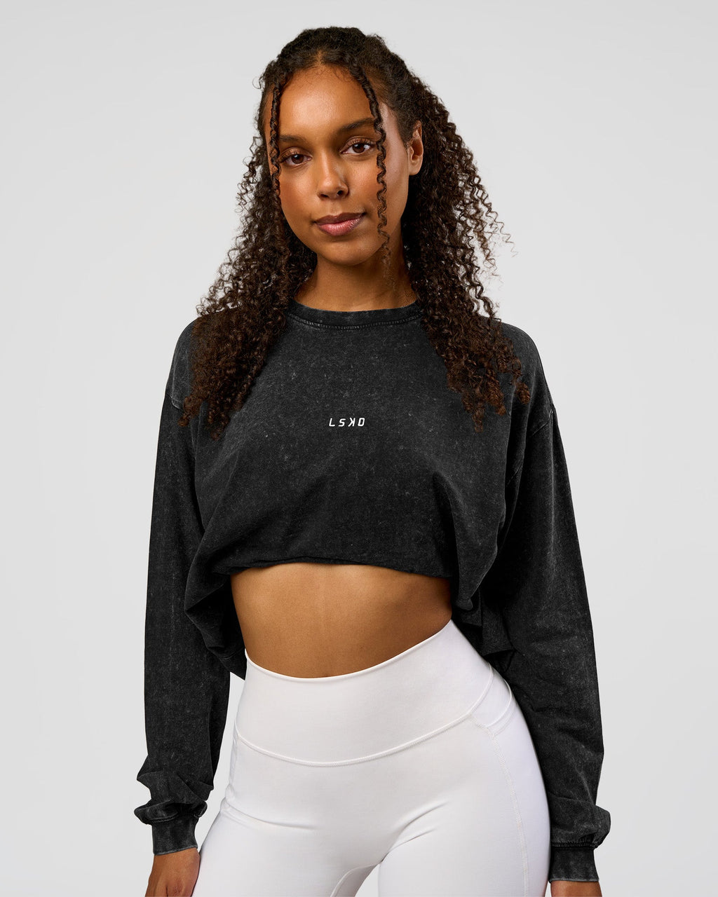 Go-To Long Sleeve FLXCotton Oversized Tee - Black Washed-White