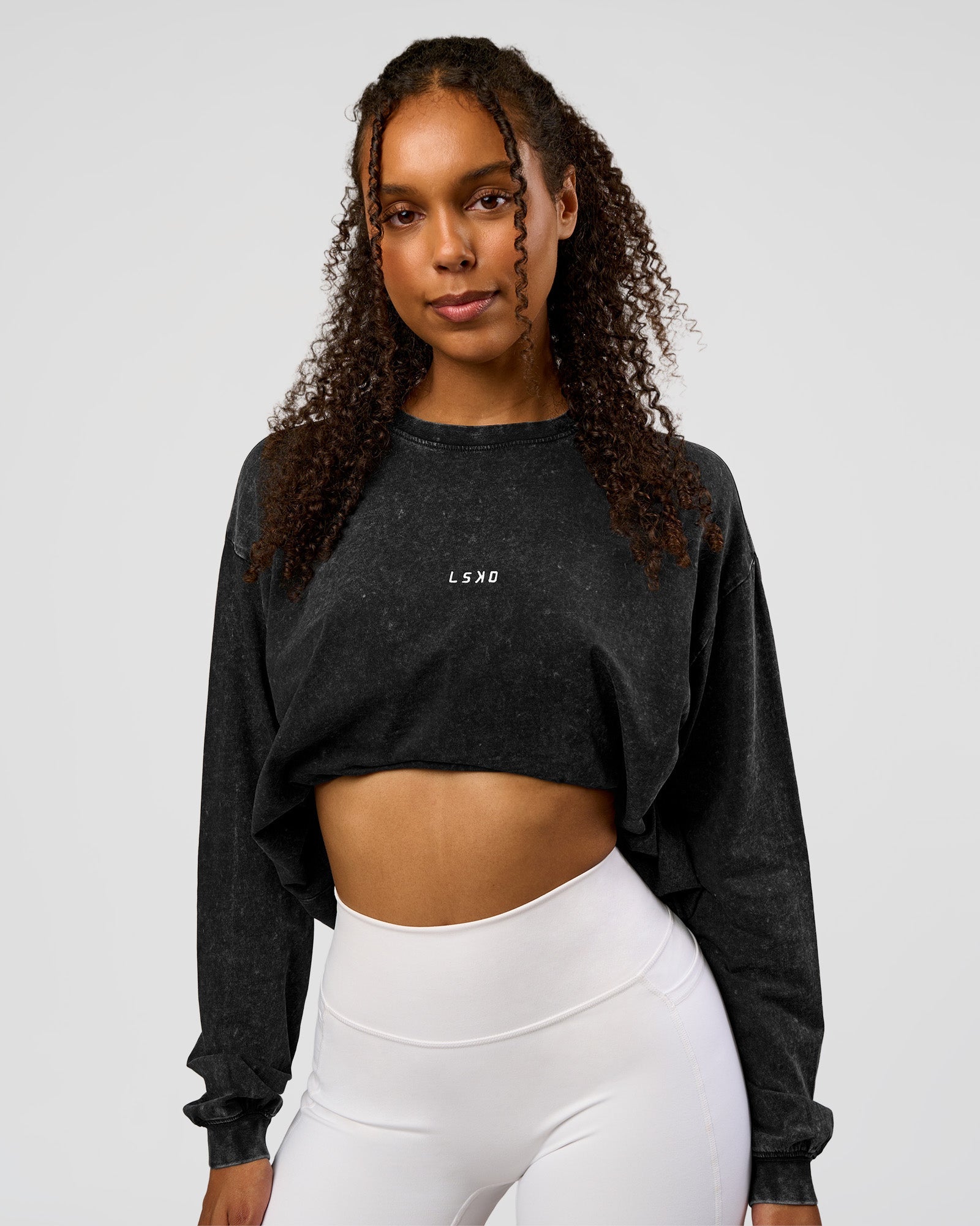 Go-To Long Sleeve FLXCotton Oversized Tee - Black Washed-White
