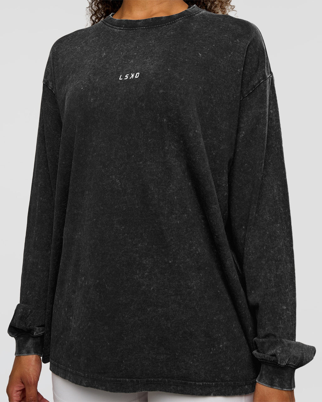 Go-To Long Sleeve FLXCotton Oversized Tee - Black Washed-White