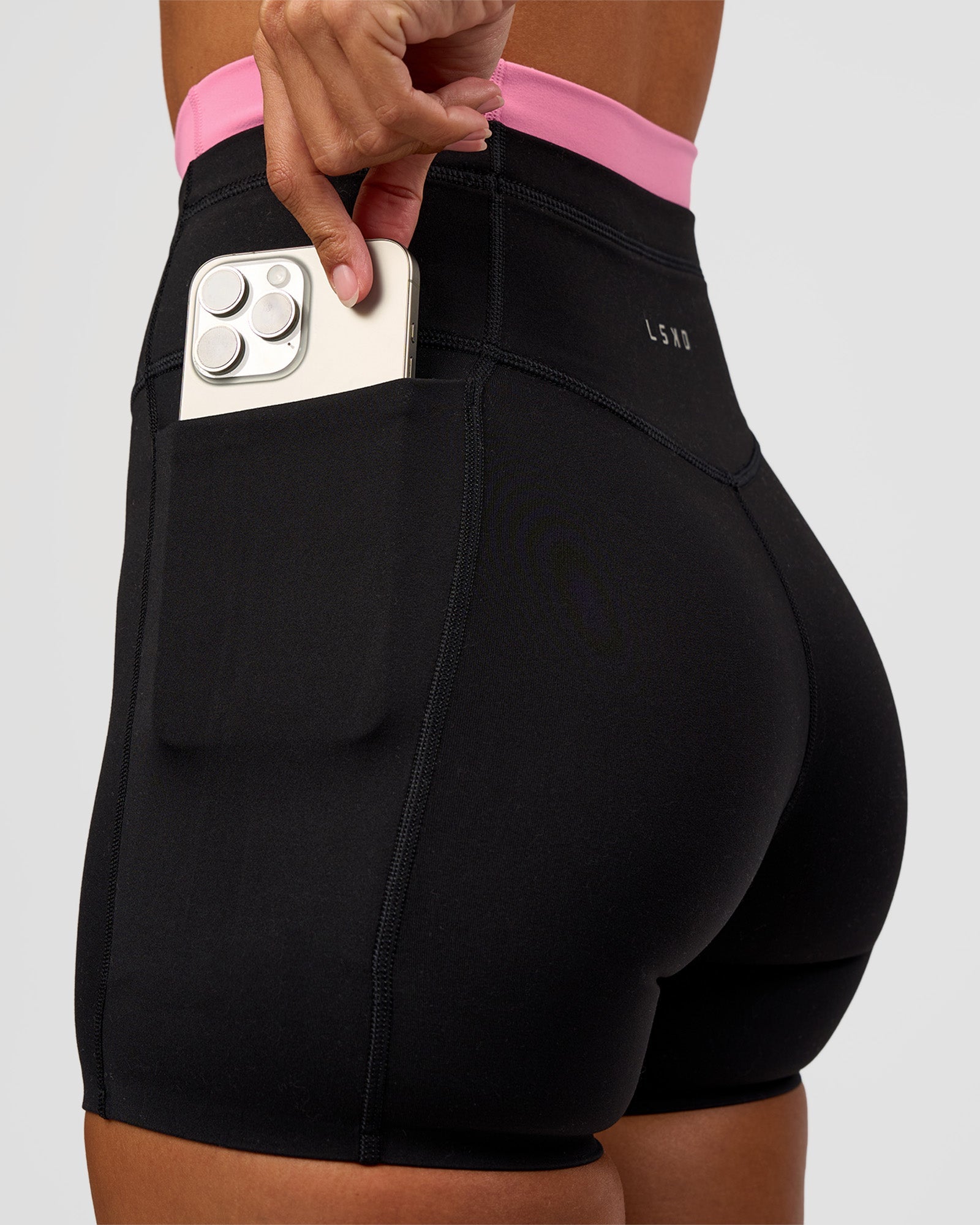 Liberate High-Rise 4" Short Pockets - Black-Candy Pink